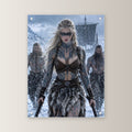 Wikinger-Kriegerin mit Axt vor Langschiff und Kriegern, Dark Fantasy Acrylglasbild auf Acrylglas mit Edelstahl-Abstandshaltern, gerade von vorn an heller Wand