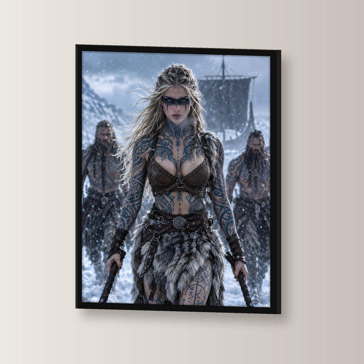 Wikinger-Kriegerin mit Axt vor Langschiff und Kriegern, Fantasy Wandbild gerahmt im schwarzen Holzrahmen, leicht gedreht an der Wand fotografiert