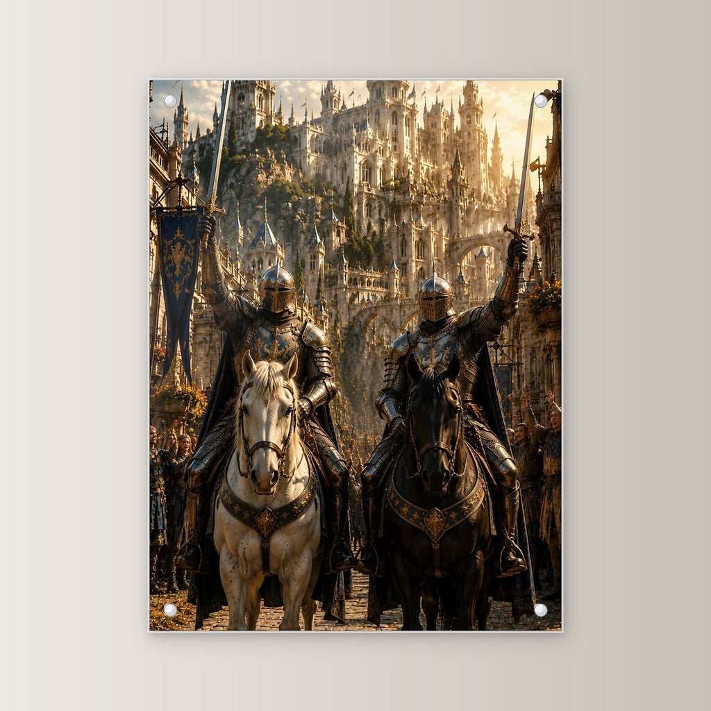 Zwei Ritter zu Pferd mit erhobenen Schwertern, Mittelalter Fantasy Acrylglasbild auf Acrylglas mit Edelstahl-Abstandshaltern, gerade von vorn an heller Wand