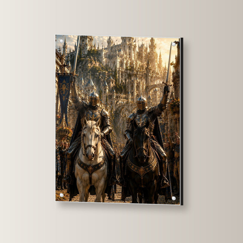 Zwei Ritter zu Pferd mit erhobenen Schwertern, Mittelalter Fantasy Acrylglasbild auf Acrylglas mit Edelstahl-Abstandshaltern, leicht gedreht an der Wand fotografiert