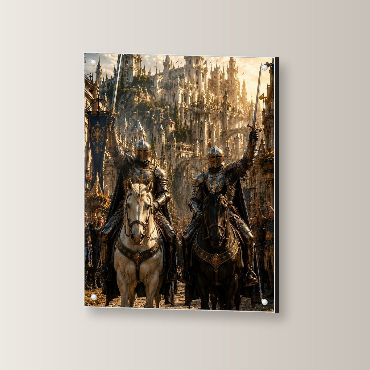 Zwei Ritter zu Pferd mit erhobenen Schwertern, Mittelalter Fantasy Acrylglasbild auf Acrylglas mit Edelstahl-Abstandshaltern, leicht gedreht an der Wand fotografiert