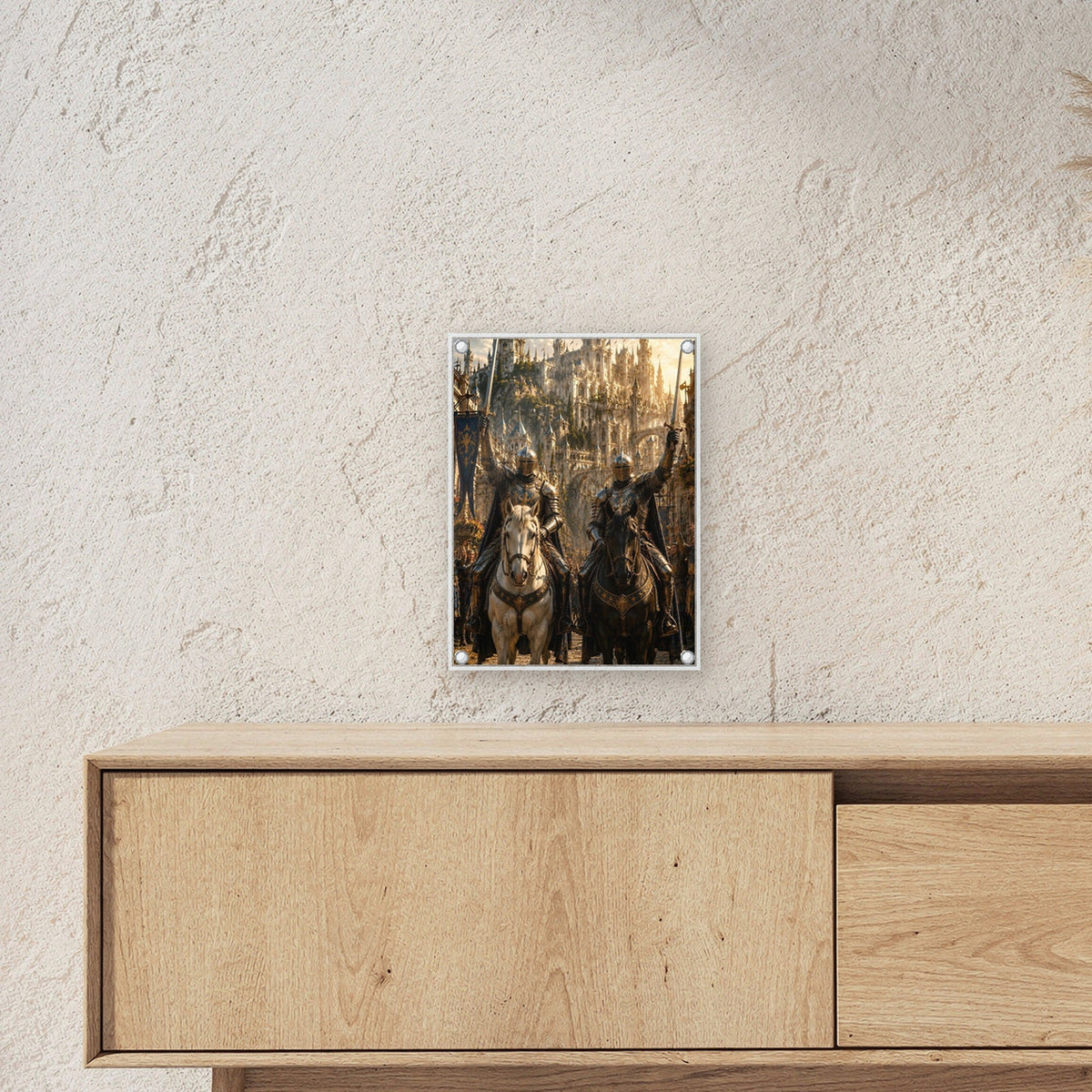 Zwei Ritter zu Pferd mit erhobenen Schwertern, Mittelalter Fantasy Acrylglasbild auf Acrylglas mit Edelstahl-Abstandshaltern ueber einem Sideboard, zeigt die Groesse im Raum