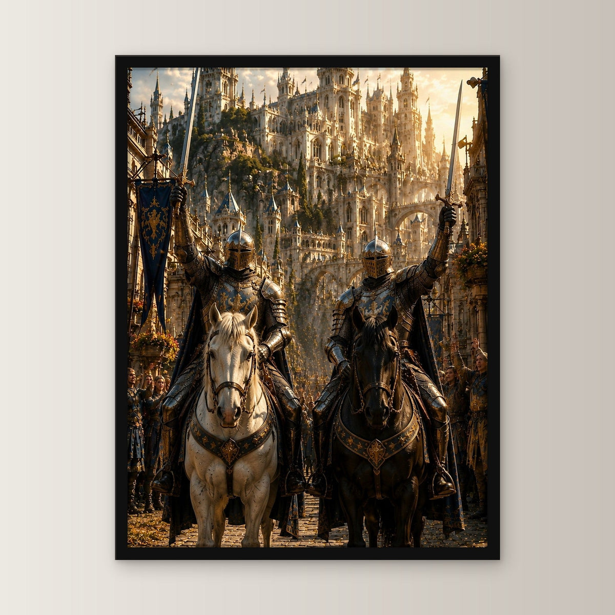 Zwei Ritter zu Pferd mit erhobenen Schwertern, Mittelalter Fantasy Wandbild gerahmt im schwarzen Holzrahmen, gerade von vorn an heller Wand