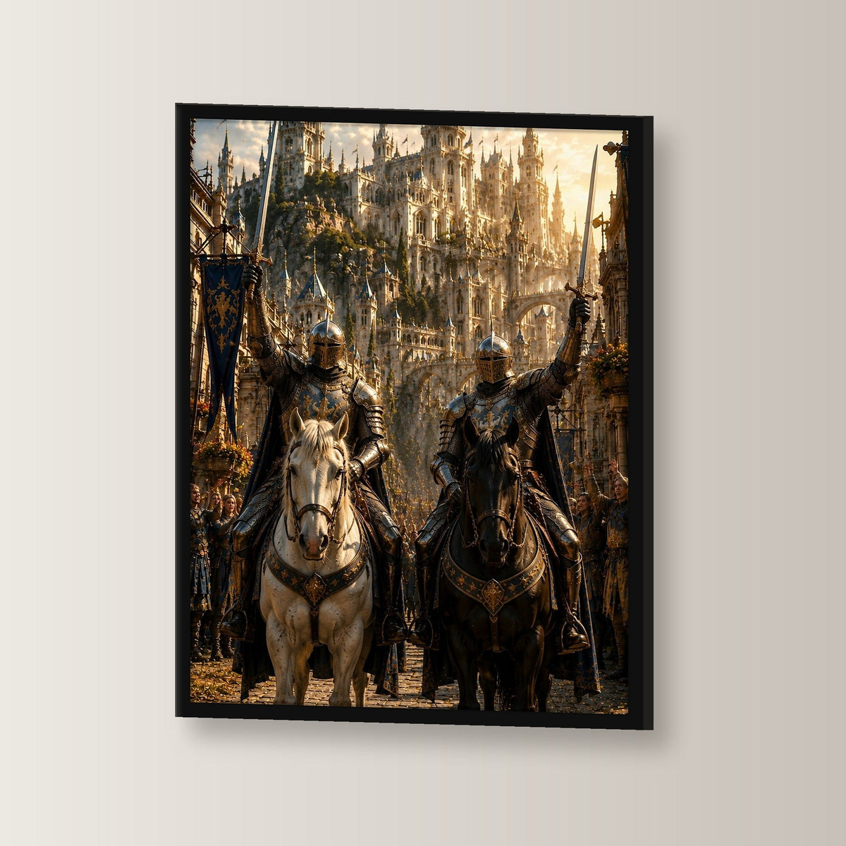 Zwei Ritter zu Pferd mit erhobenen Schwertern, Mittelalter Fantasy Wandbild gerahmt im schwarzen Holzrahmen, leicht gedreht an der Wand fotografiert