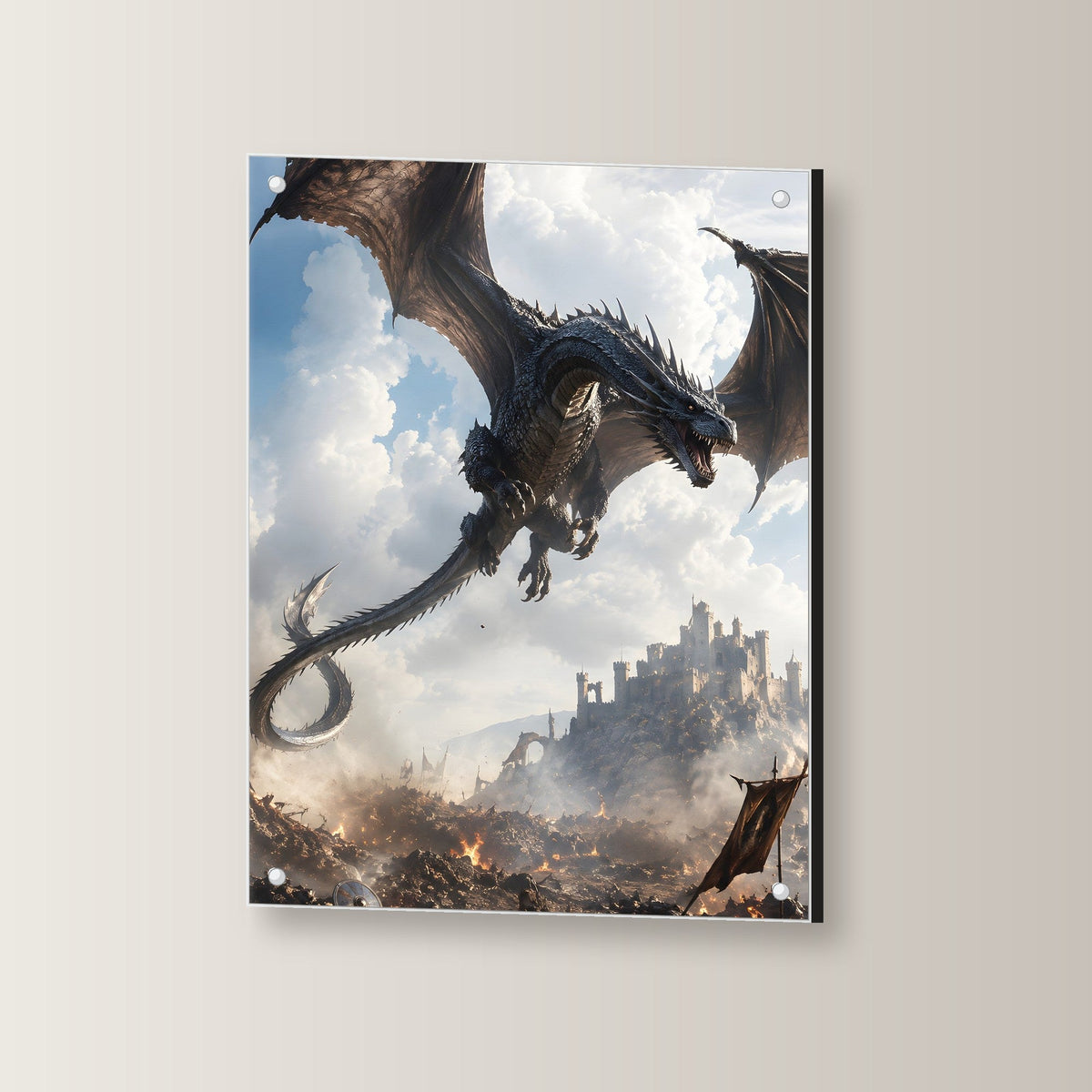 Silberner Drache über der Burgstadt, Dark Fantasy Acrylglasbild auf Acrylglas mit Edelstahl-Abstandshaltern, leicht gedreht an der Wand fotografiert