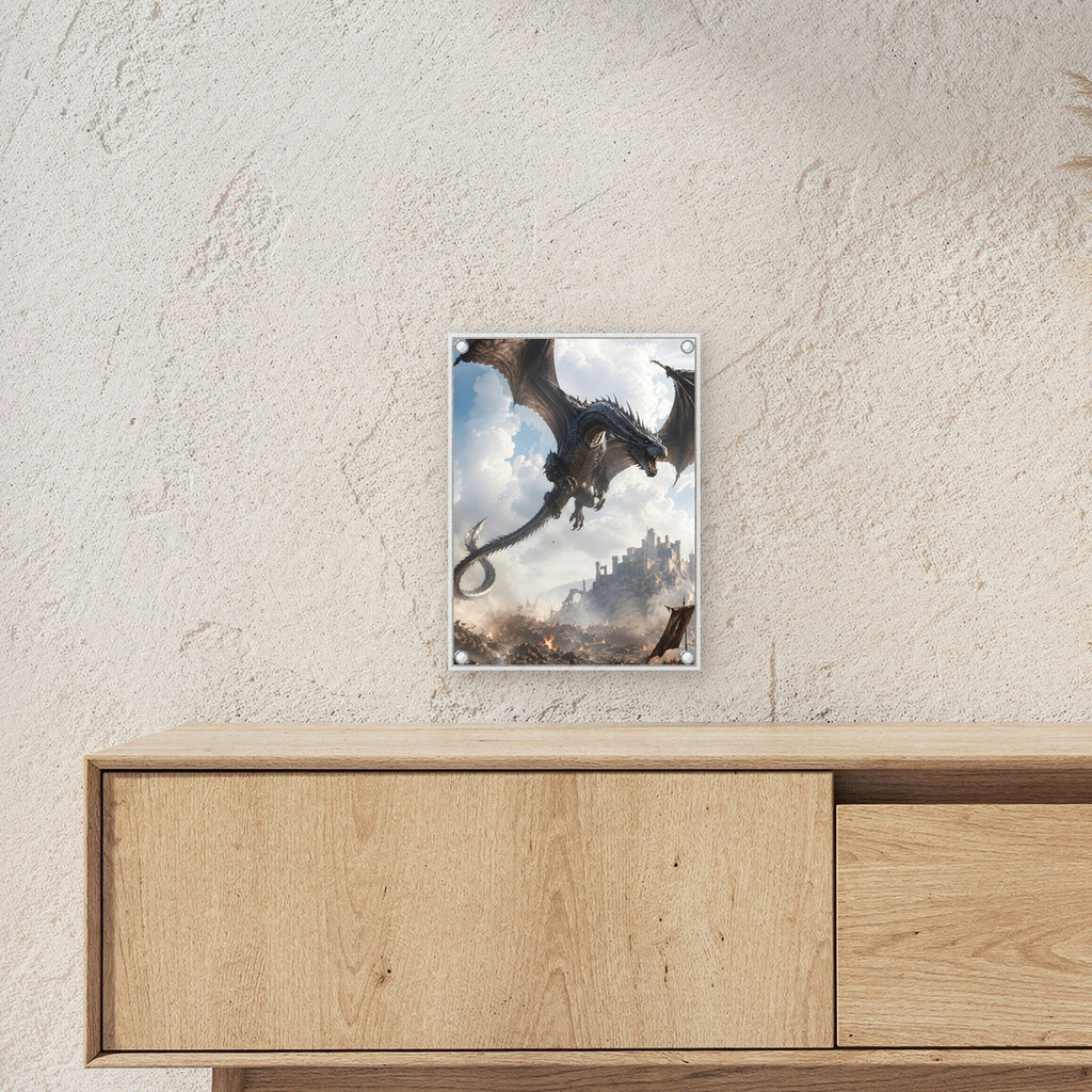 Silberner Drache über der Burgstadt, Dark Fantasy Acrylglasbild auf Acrylglas mit Edelstahl-Abstandshaltern ueber einem Sideboard, zeigt die Groesse im Raum
