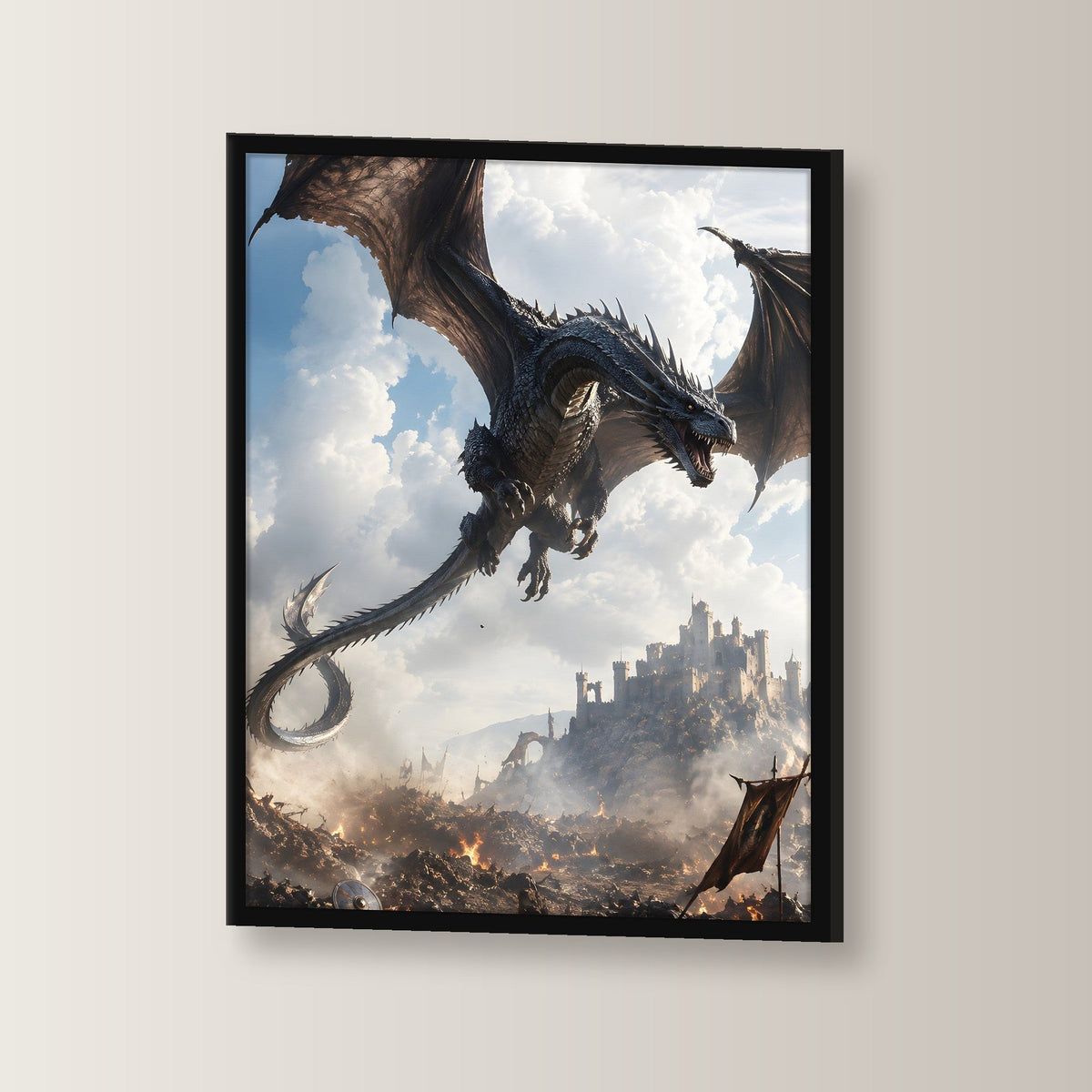 Silberner Drache über der Burgstadt, Fantasy Wandbild gerahmt im schwarzen Holzrahmen, leicht gedreht an der Wand fotografiert