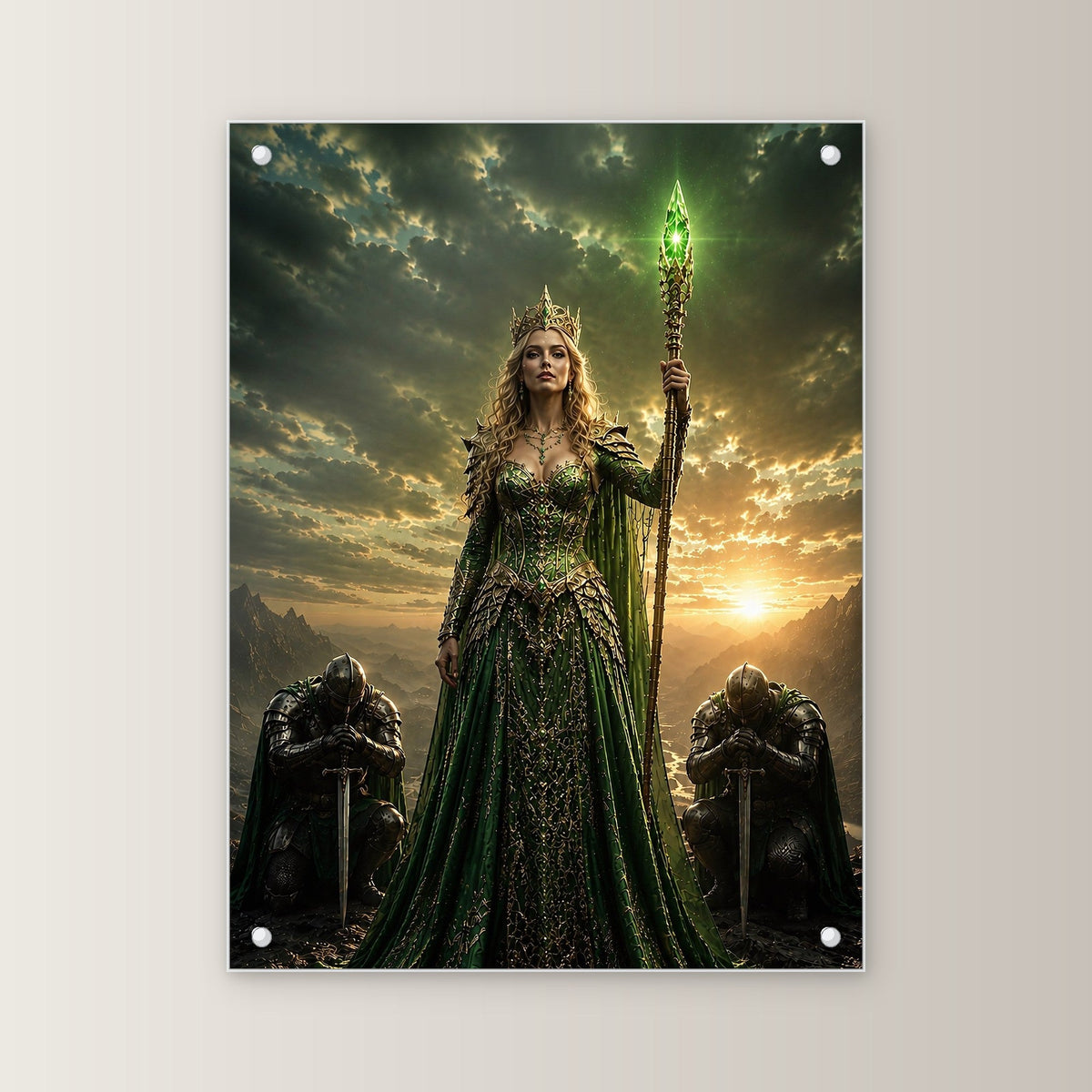 Dark-Fantasy Acrylglasbild auf Acrylglas mit Edelstahl-Abstandshaltern, gerade von vorn an heller Wand
