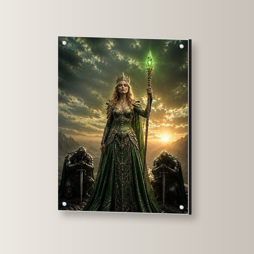 Dark-Fantasy Acrylglasbild auf Acrylglas mit Edelstahl-Abstandshaltern, leicht gedreht an der Wand fotografiert