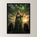 Dark-Fantasy Poster gerahmt im schwarzen Holzrahmen, gerade von vorn an heller Wand