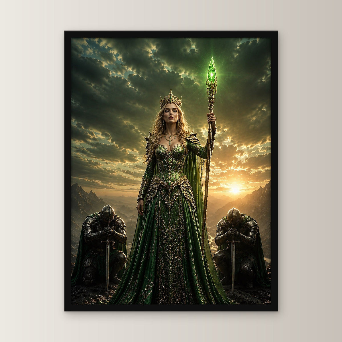 Dark-Fantasy Poster gerahmt im schwarzen Holzrahmen, gerade von vorn an heller Wand