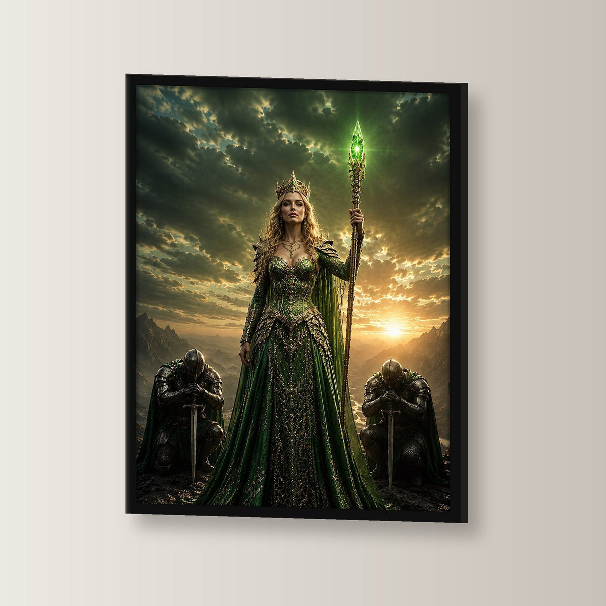 Dark-Fantasy Poster gerahmt im schwarzen Holzrahmen, leicht gedreht an der Wand fotografiert