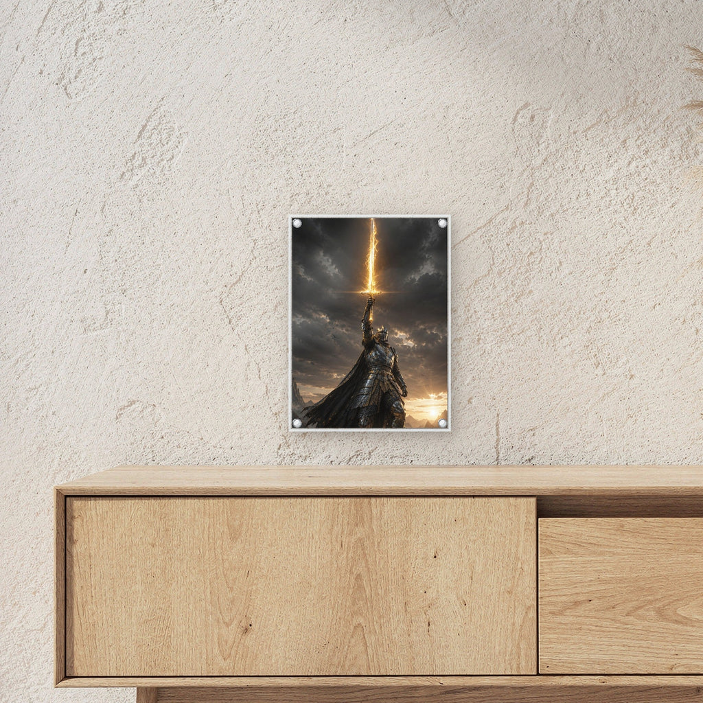 Dark-Fantasy Acrylglasbild auf Acrylglas mit Edelstahl-Abstandshaltern ueber einem Sideboard, zeigt die Groesse im Raum