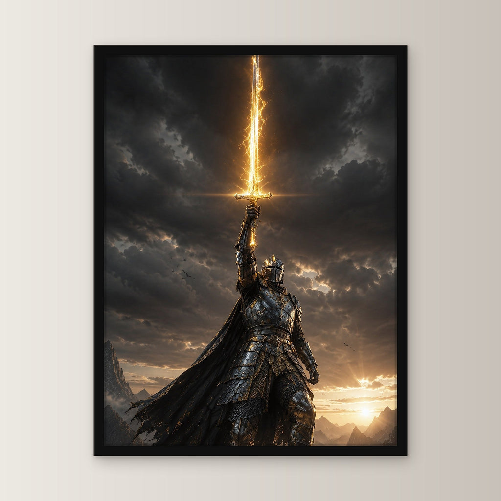 Dark-Fantasy Poster gerahmt im schwarzen Holzrahmen, gerade von vorn an heller Wand