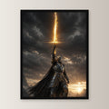 Dark-Fantasy Poster gerahmt im schwarzen Holzrahmen, gerade von vorn an heller Wand