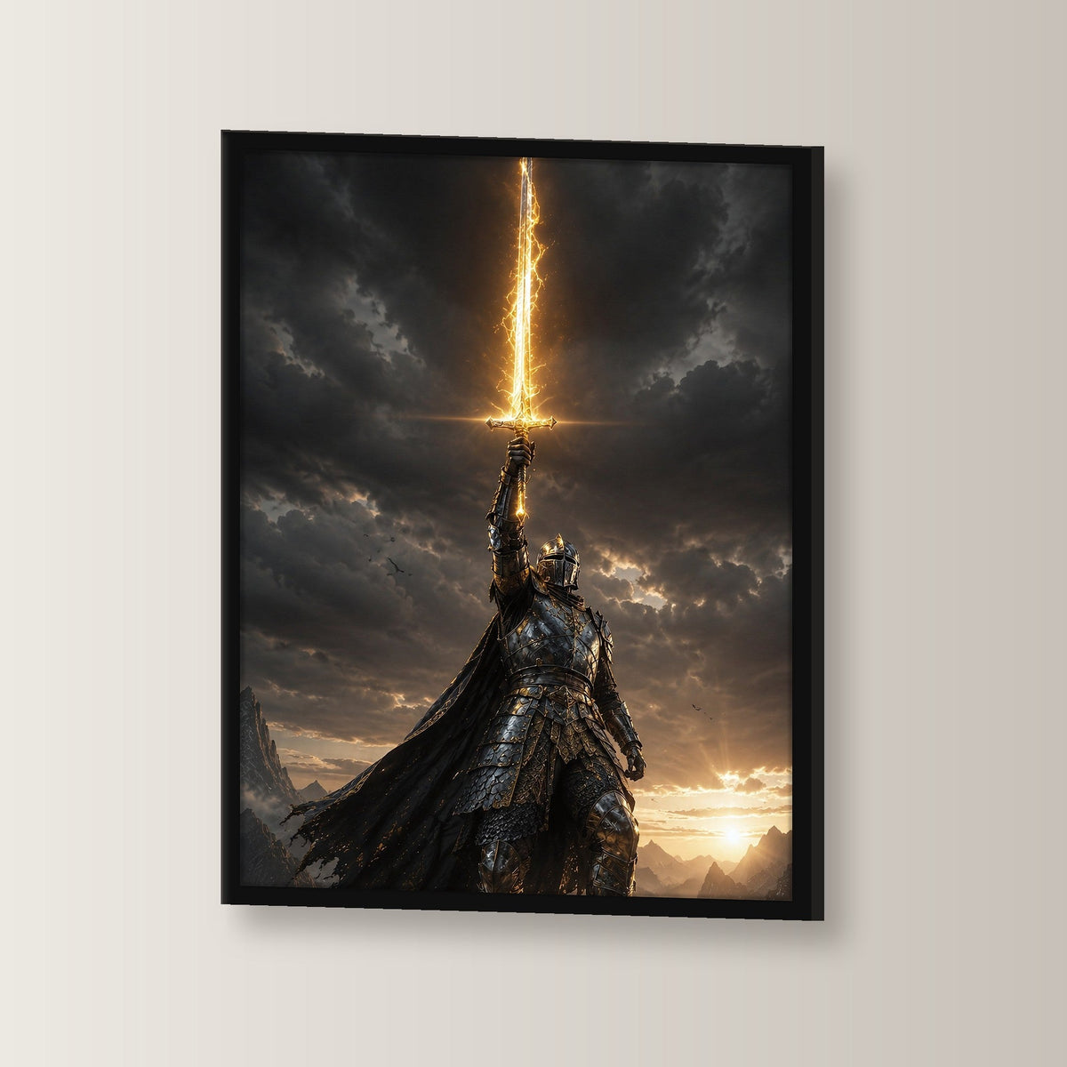 Dark-Fantasy Poster gerahmt im schwarzen Holzrahmen, leicht gedreht an der Wand fotografiert