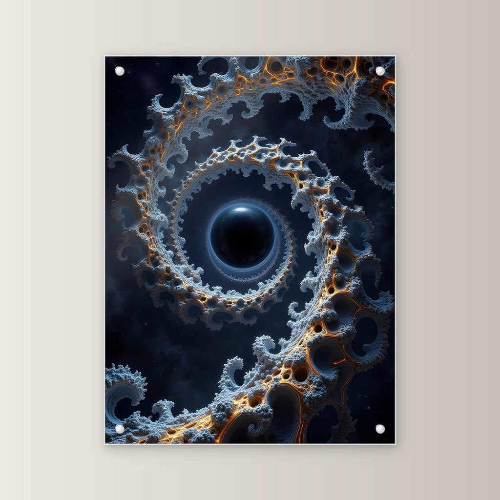 Fraktale Spirale um ein schwarzes Loch, Surreales Acrylglasbild auf Acrylglas mit Edelstahl-Abstandshaltern, gerade von vorn an heller Wand