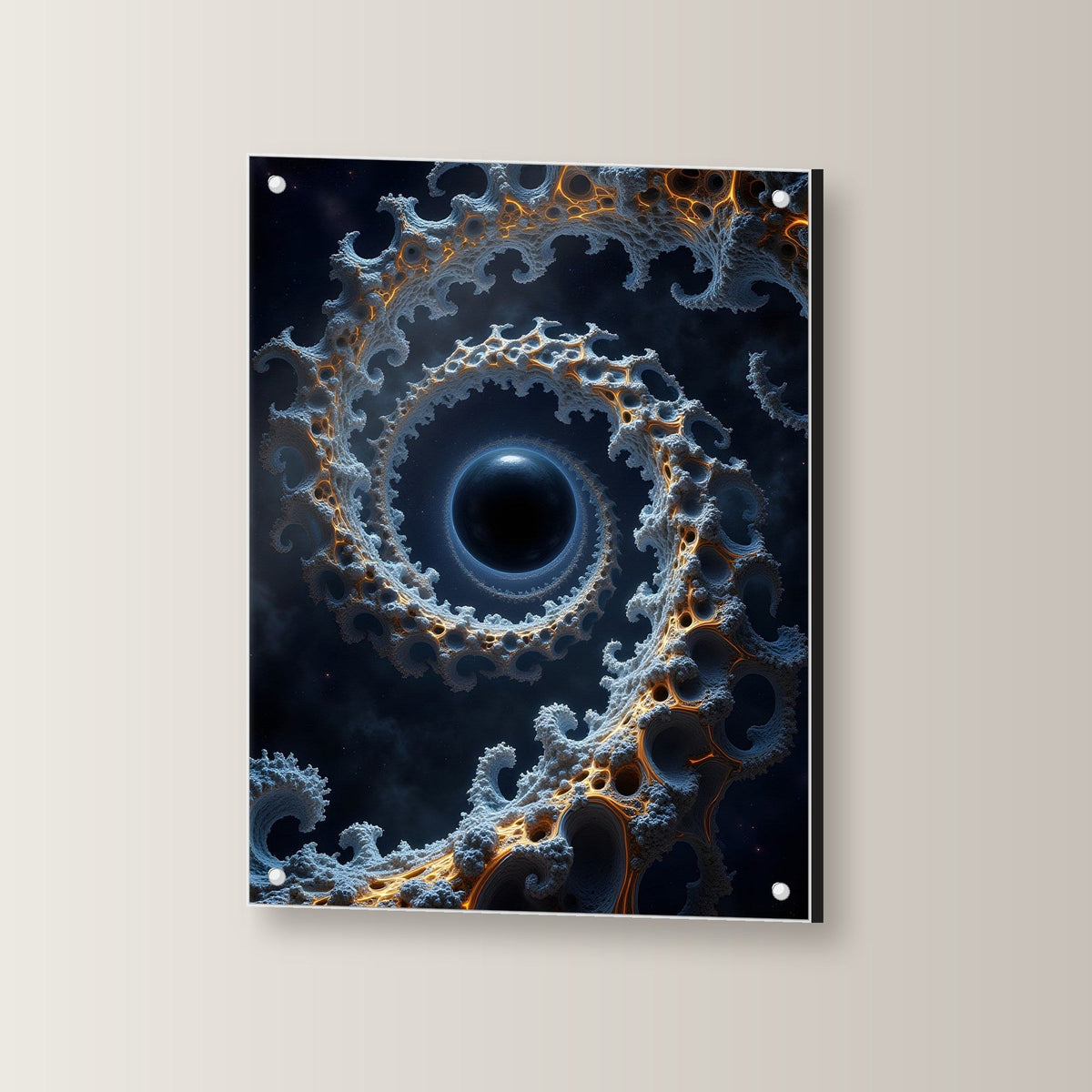 Fraktale Spirale um ein schwarzes Loch, Surreales Acrylglasbild auf Acrylglas mit Edelstahl-Abstandshaltern, leicht gedreht an der Wand fotografiert