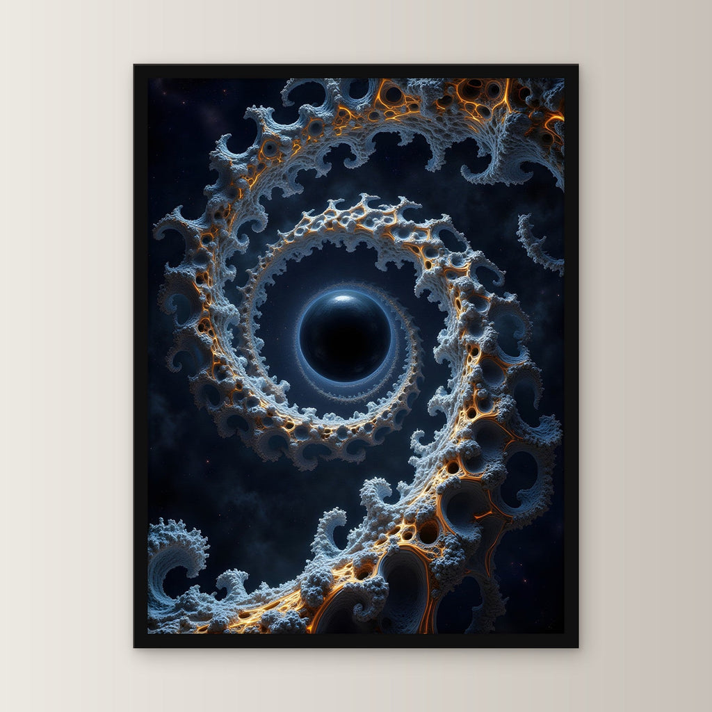 Fraktale Spirale um ein schwarzes Loch, Surreales Wandbild gerahmt im schwarzen Holzrahmen, gerade von vorn an heller Wand