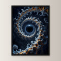 Fraktale Spirale um ein schwarzes Loch, Surreales Wandbild gerahmt im schwarzen Holzrahmen, gerade von vorn an heller Wand