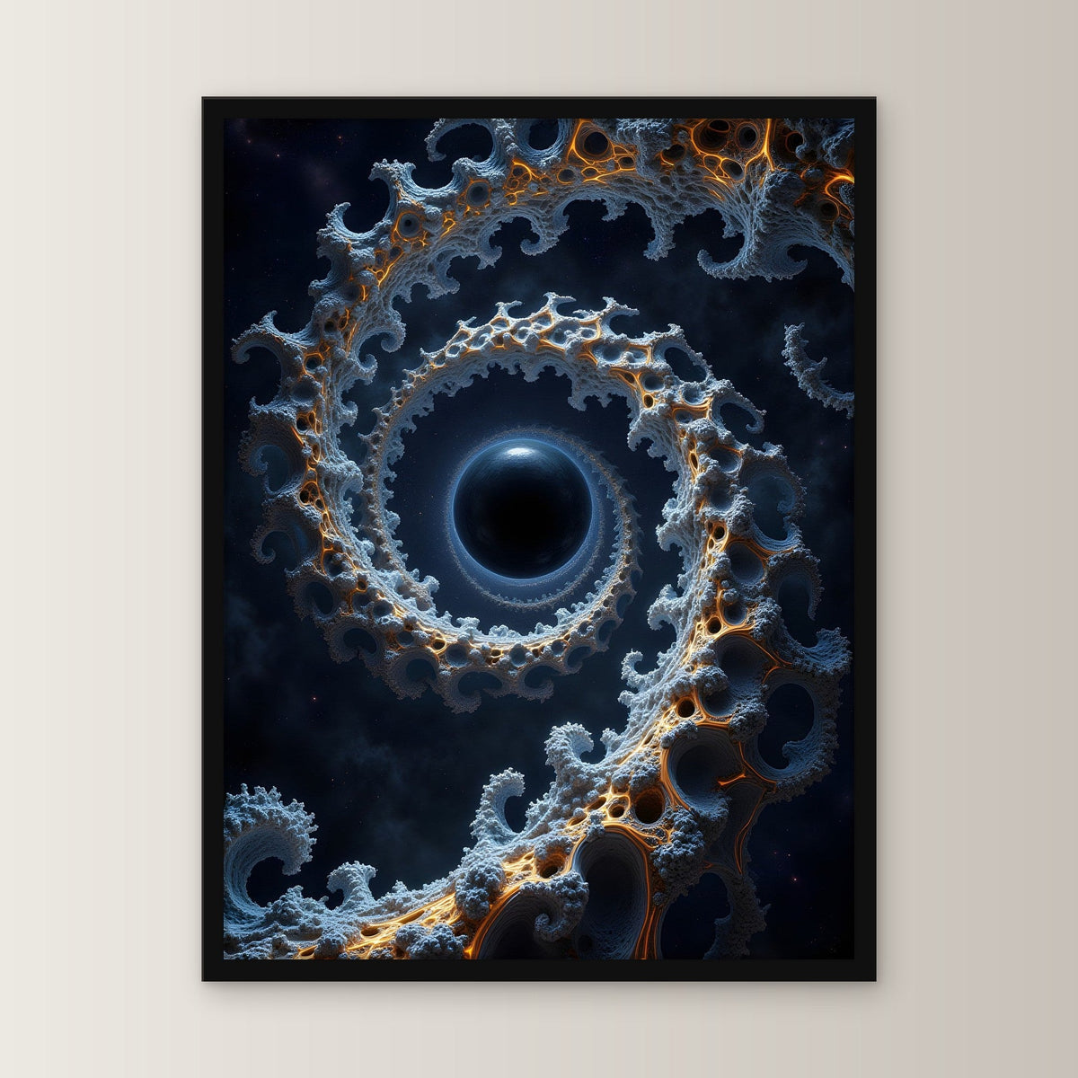 Fraktale Spirale um ein schwarzes Loch, Surreales Wandbild gerahmt im schwarzen Holzrahmen, gerade von vorn an heller Wand