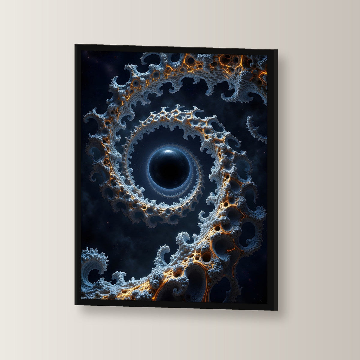 Fraktale Spirale um ein schwarzes Loch, Surreales Wandbild gerahmt im schwarzen Holzrahmen, leicht gedreht an der Wand fotografiert