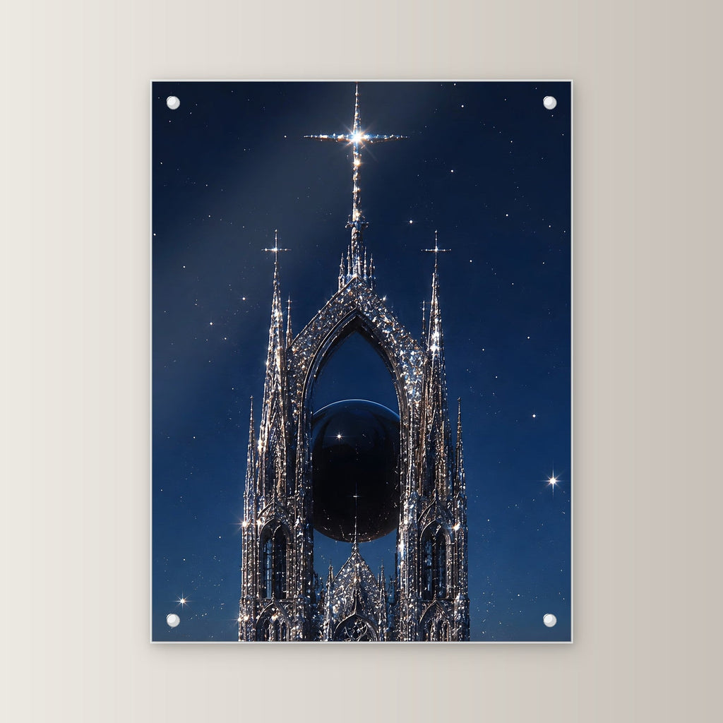 Dark-Fantasy Acrylglasbild auf Acrylglas mit Edelstahl-Abstandshaltern, gerade von vorn an heller Wand
