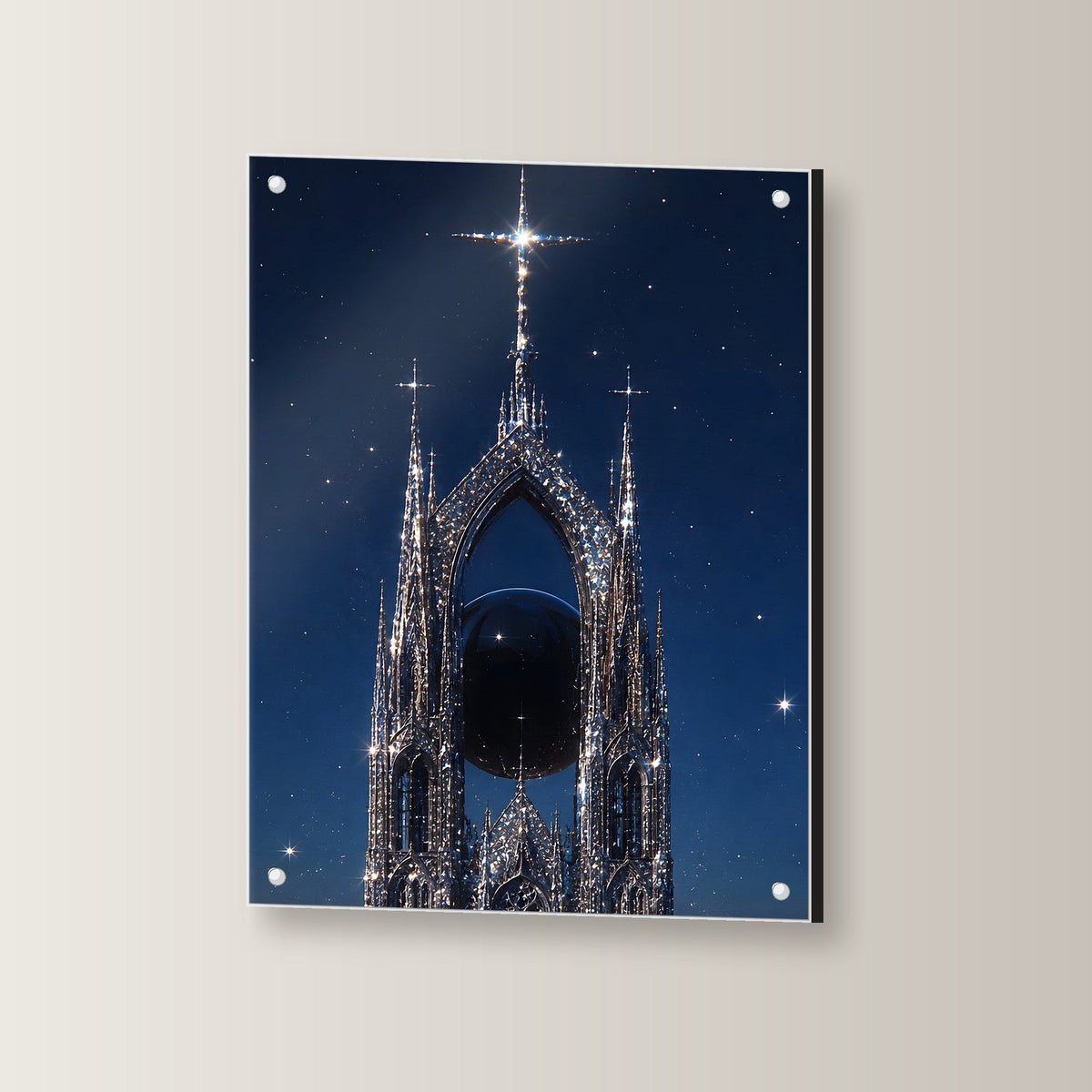 Dark-Fantasy Acrylglasbild auf Acrylglas mit Edelstahl-Abstandshaltern, leicht gedreht an der Wand fotografiert