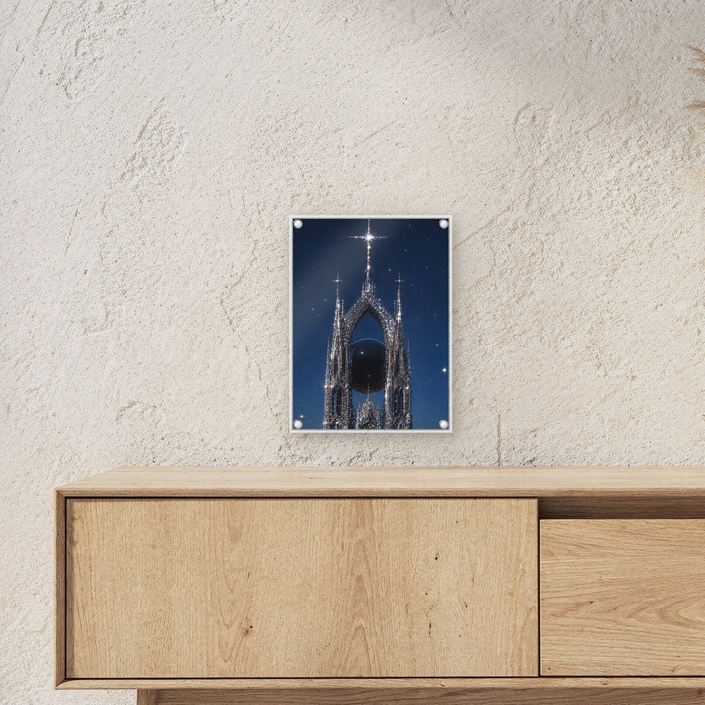 Dark-Fantasy Acrylglasbild auf Acrylglas mit Edelstahl-Abstandshaltern ueber einem Sideboard, zeigt die Groesse im Raum