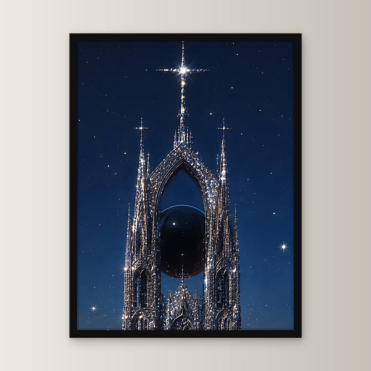 Dark-Fantasy Poster gerahmt im schwarzen Holzrahmen, gerade von vorn an heller Wand