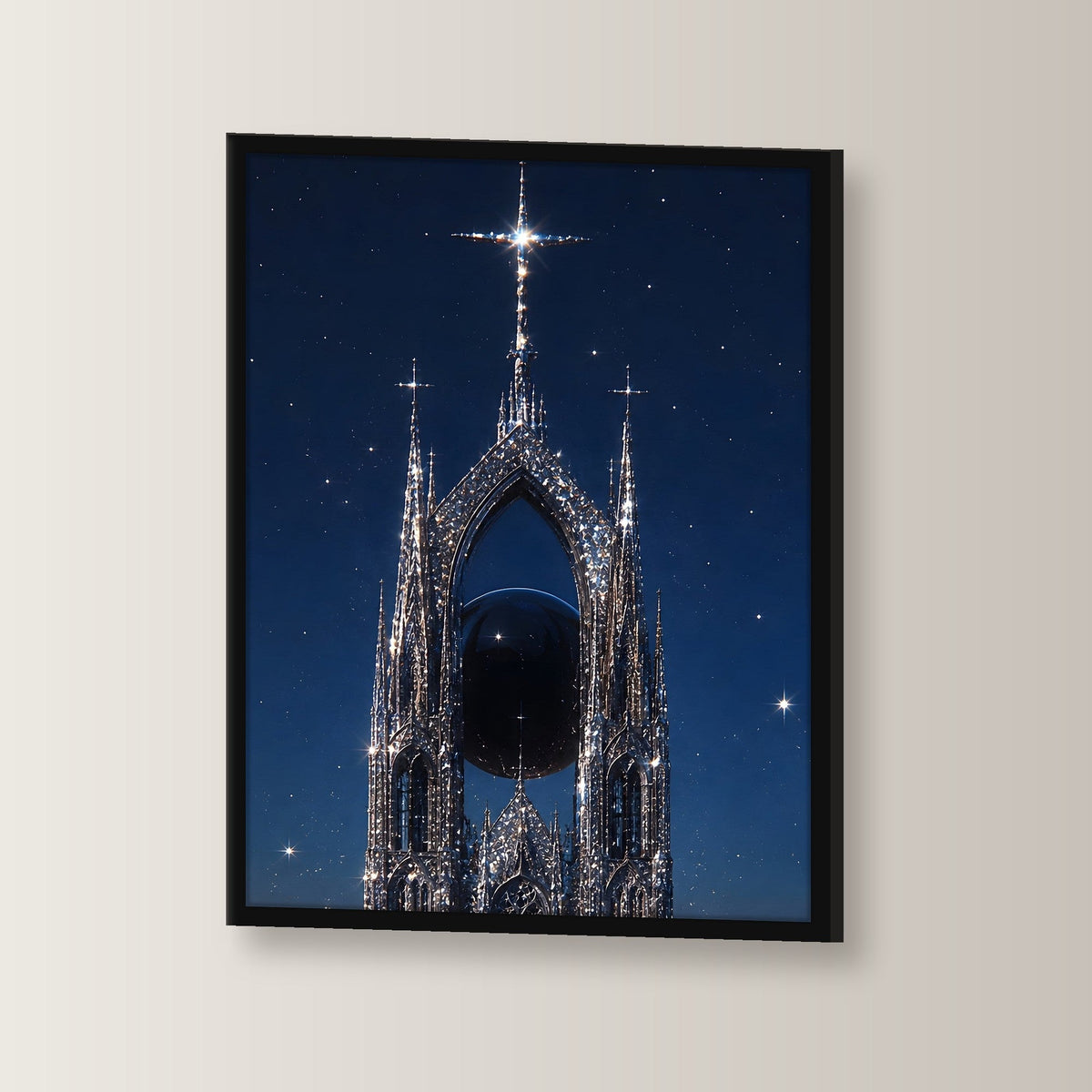 Dark-Fantasy Poster gerahmt im schwarzen Holzrahmen, leicht gedreht an der Wand fotografiert