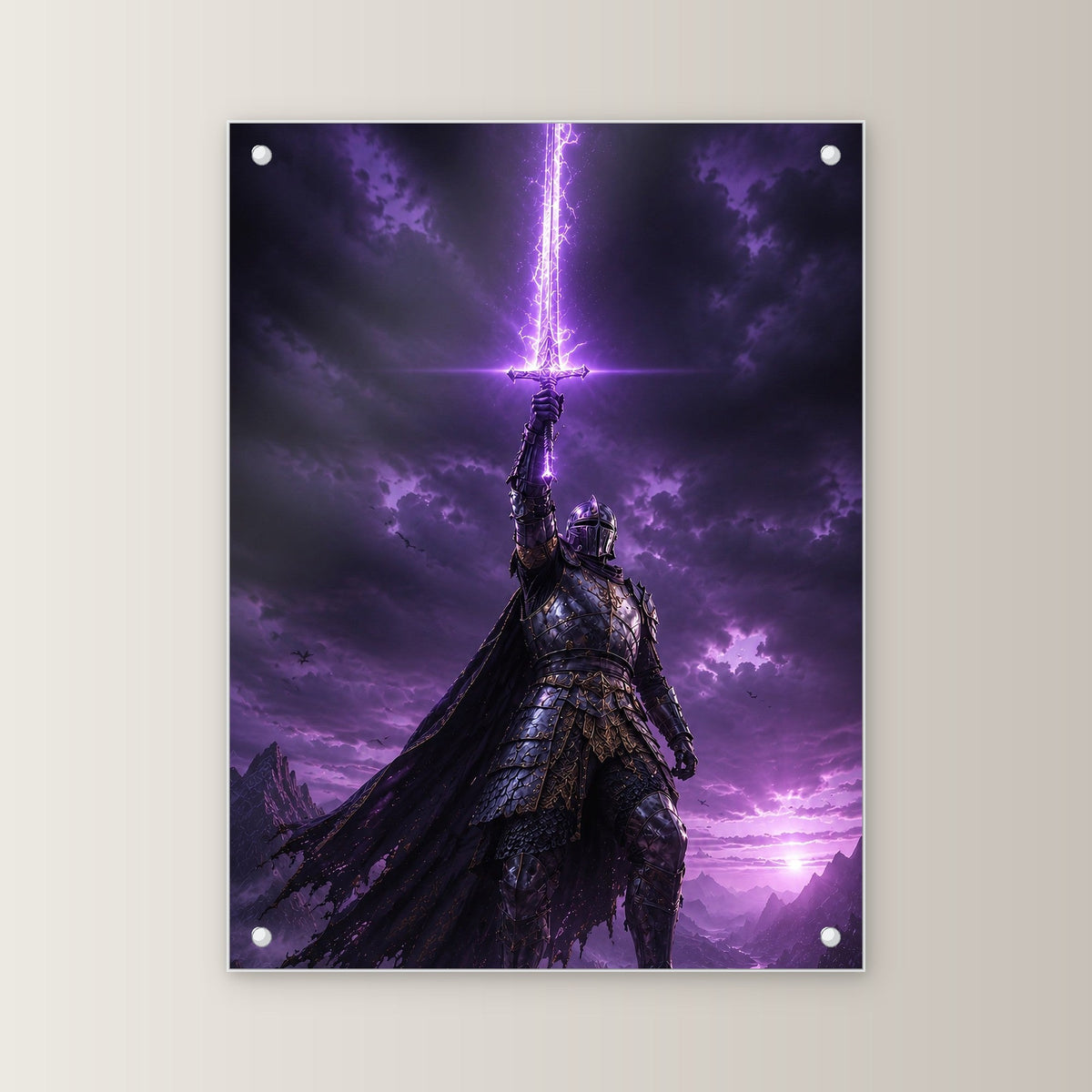 Dark-Fantasy Acrylglasbild auf Acrylglas mit Edelstahl-Abstandshaltern, gerade von vorn an heller Wand