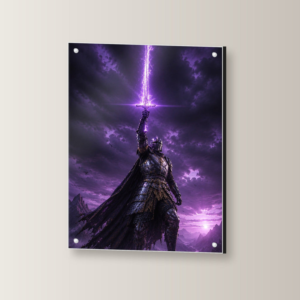 Dark-Fantasy Acrylglasbild auf Acrylglas mit Edelstahl-Abstandshaltern, leicht gedreht an der Wand fotografiert