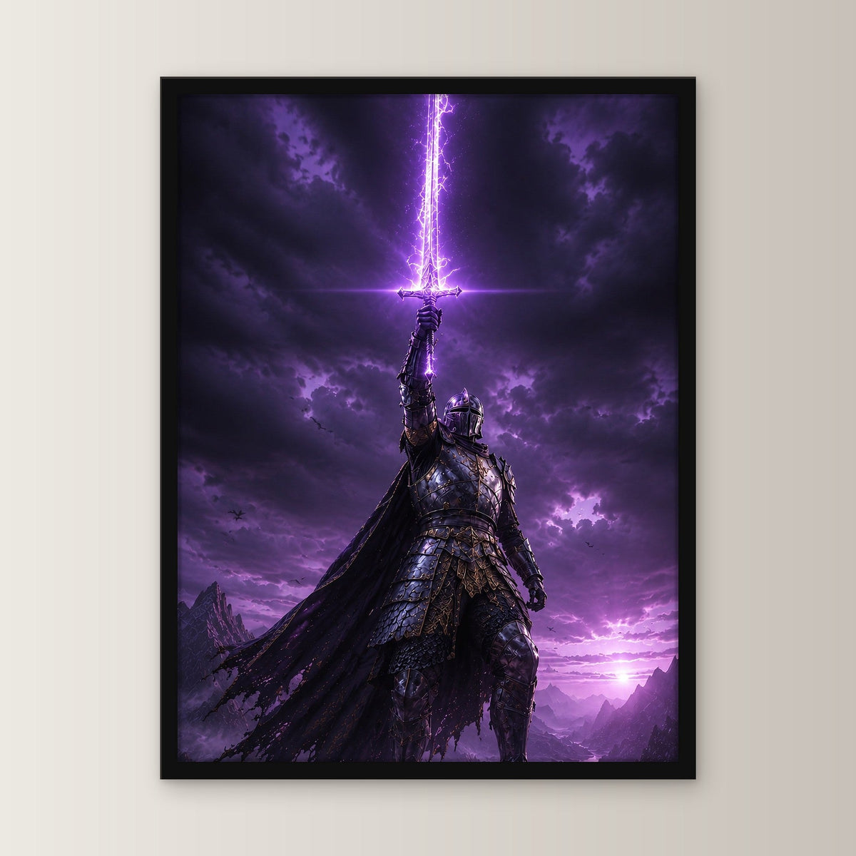 Dark-Fantasy Poster gerahmt im schwarzen Holzrahmen, gerade von vorn an heller Wand