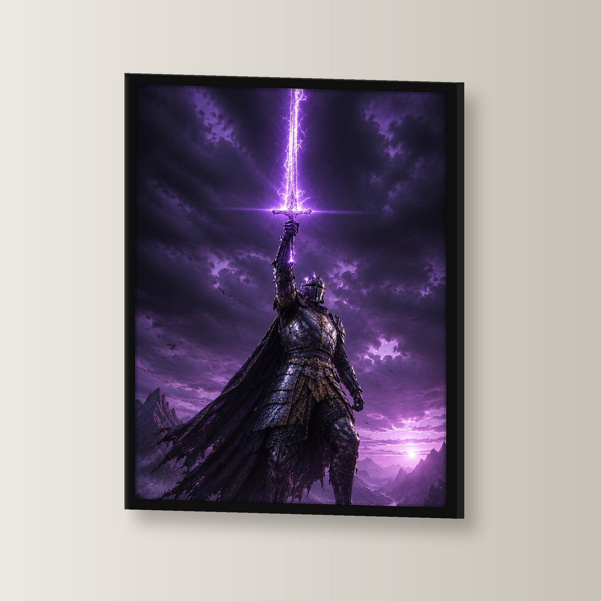 Dark-Fantasy Poster gerahmt im schwarzen Holzrahmen, leicht gedreht an der Wand fotografiert