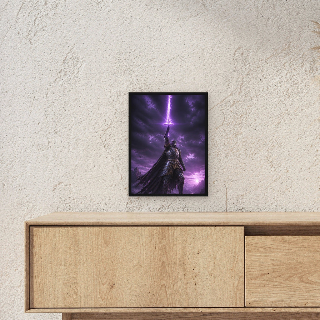 Dark-Fantasy Poster gerahmt im schwarzen Holzrahmen ueber einem Sideboard, zeigt die Groesse im Raum
