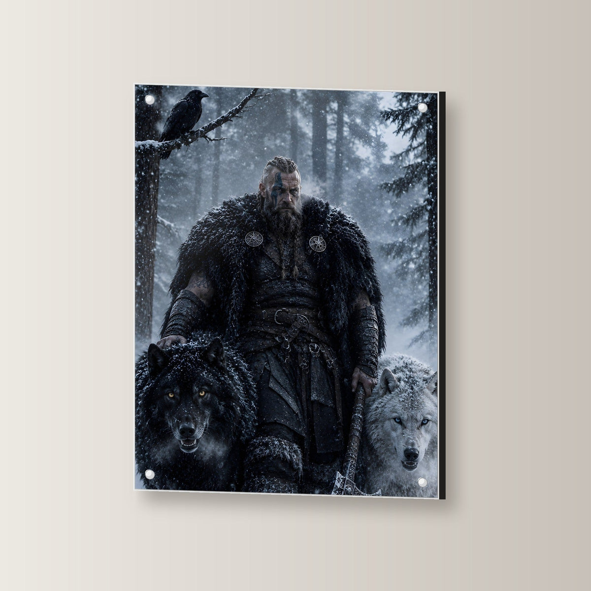 Wikinger mit zwei Wölfen im verschneiten Wald, Dark Fantasy Acrylglasbild auf Acrylglas mit Edelstahl-Abstandshaltern, leicht gedreht an der Wand fotografiert