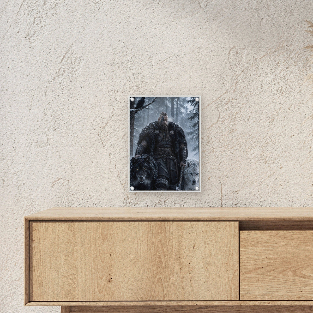 Wikinger mit zwei Wölfen im verschneiten Wald, Dark Fantasy Acrylglasbild auf Acrylglas mit Edelstahl-Abstandshaltern ueber einem Sideboard, zeigt die Groesse im Raum