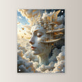 Weiß-goldene Stadt als Gesicht in den Wolken, Surreales Acrylglasbild auf Acrylglas mit Edelstahl-Abstandshaltern, gerade von vorn an heller Wand
