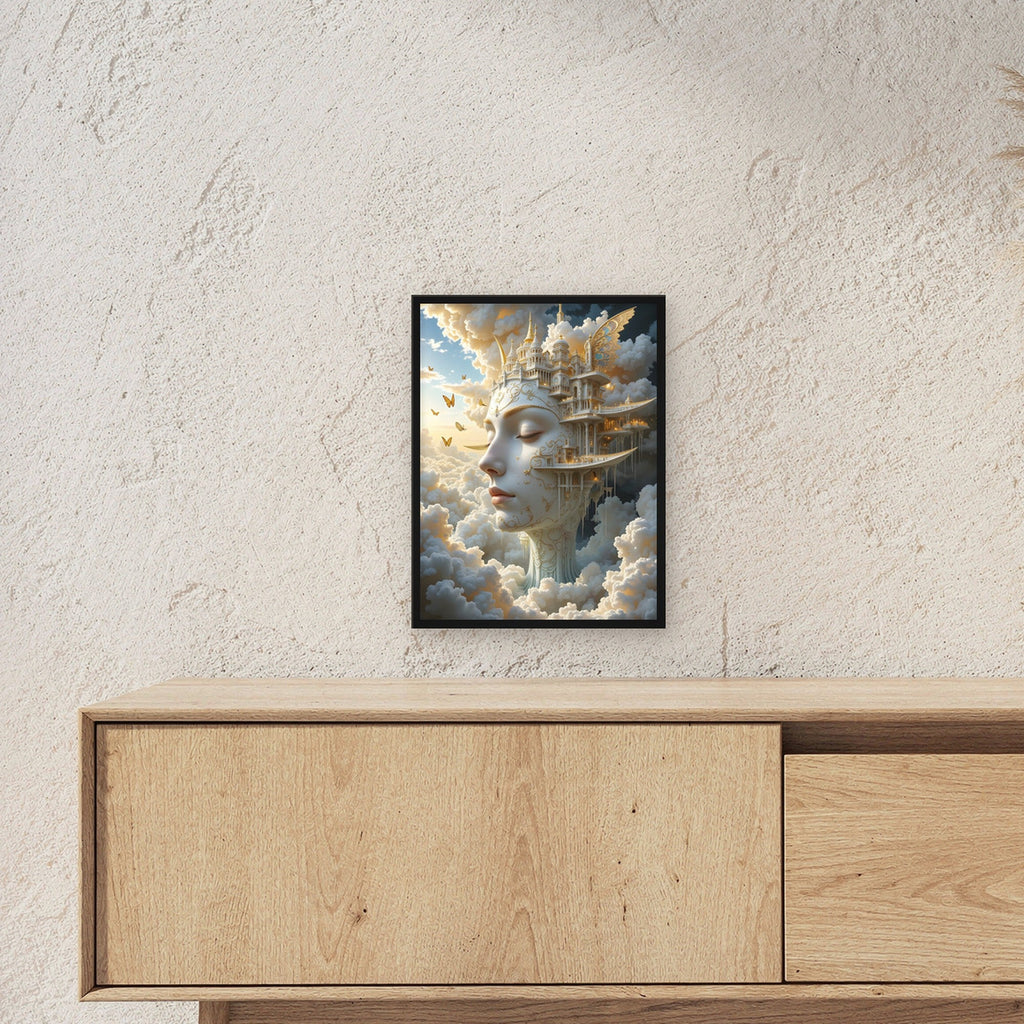 Weiß-goldene Stadt als Gesicht in den Wolken, Surreales Wandbild gerahmt im schwarzen Holzrahmen ueber einem Sideboard, zeigt die Groesse im Raum