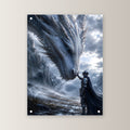 Ritter berührt die Schnauze des weißen Drachen, Dark Fantasy Acrylglasbild auf Acrylglas mit Edelstahl-Abstandshaltern, gerade von vorn an heller Wand