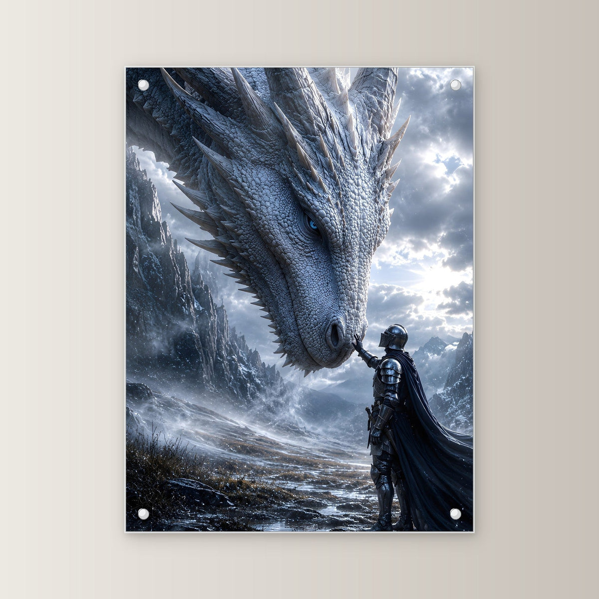 Ritter berührt die Schnauze des weißen Drachen, Dark Fantasy Acrylglasbild auf Acrylglas mit Edelstahl-Abstandshaltern, gerade von vorn an heller Wand