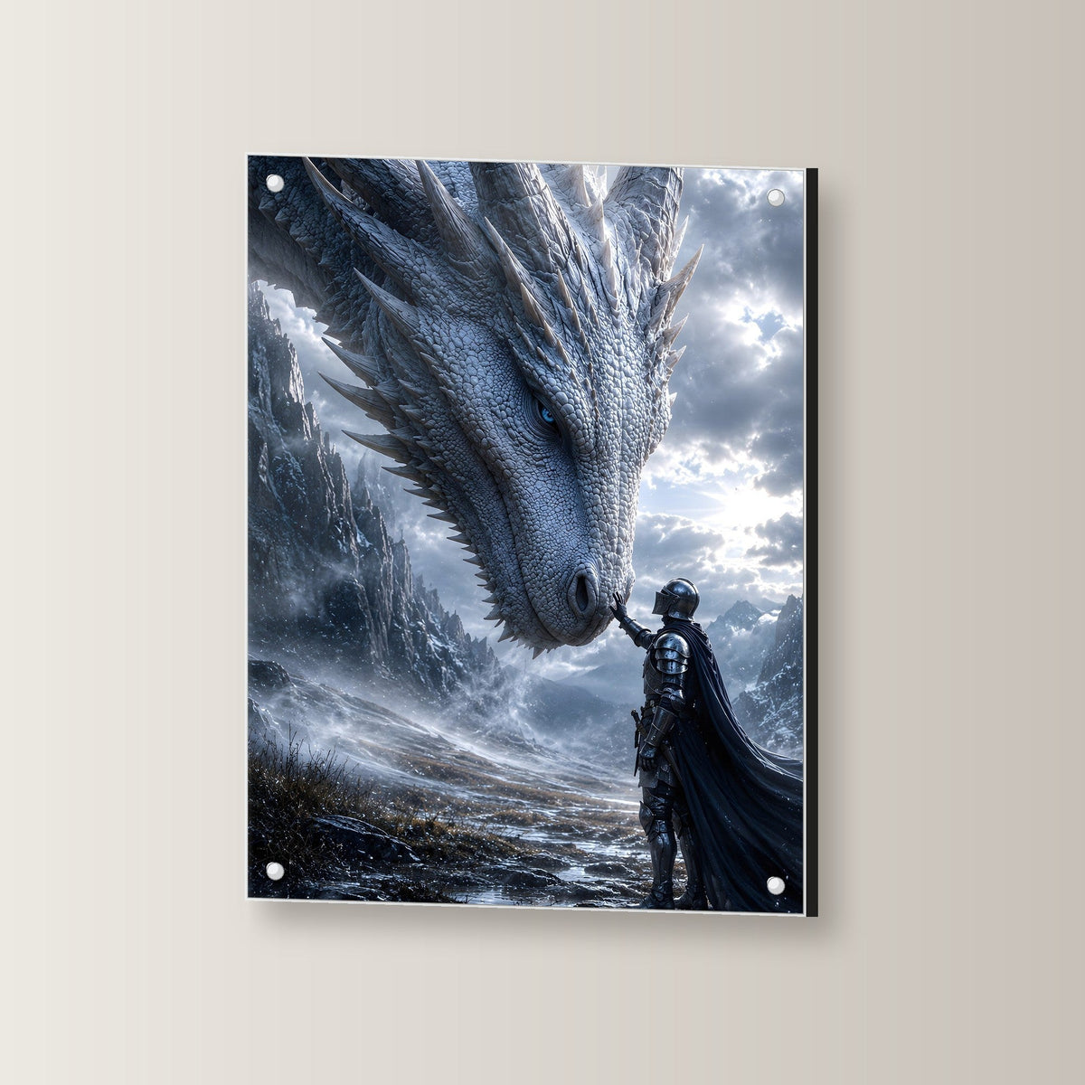Ritter berührt die Schnauze des weißen Drachen, Dark Fantasy Acrylglasbild auf Acrylglas mit Edelstahl-Abstandshaltern, leicht gedreht an der Wand fotografiert