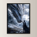 Ritter berührt die Schnauze des weißen Drachen, Dark Fantasy Wandbild gerahmt im schwarzen Holzrahmen, gerade von vorn an heller Wand