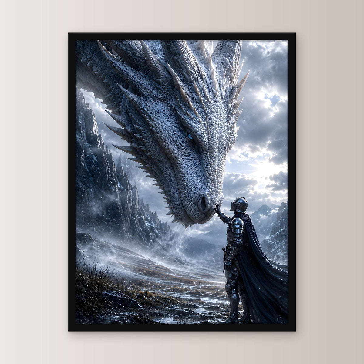 Ritter berührt die Schnauze des weißen Drachen, Dark Fantasy Wandbild gerahmt im schwarzen Holzrahmen, gerade von vorn an heller Wand