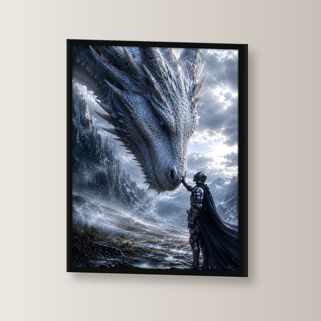 Ritter berührt die Schnauze des weißen Drachen, Dark Fantasy Wandbild gerahmt im schwarzen Holzrahmen, leicht gedreht an der Wand fotografiert