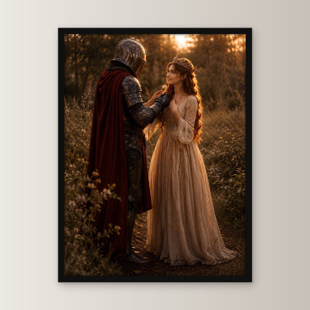 Dark-Fantasy Poster gerahmt im schwarzen Holzrahmen, gerade von vorn an heller Wand