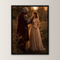 Dark-Fantasy Poster gerahmt im schwarzen Holzrahmen, gerade von vorn an heller Wand