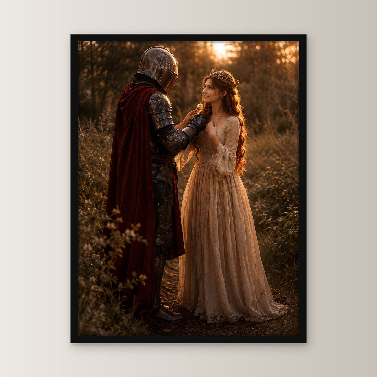 Dark-Fantasy Poster gerahmt im schwarzen Holzrahmen, gerade von vorn an heller Wand