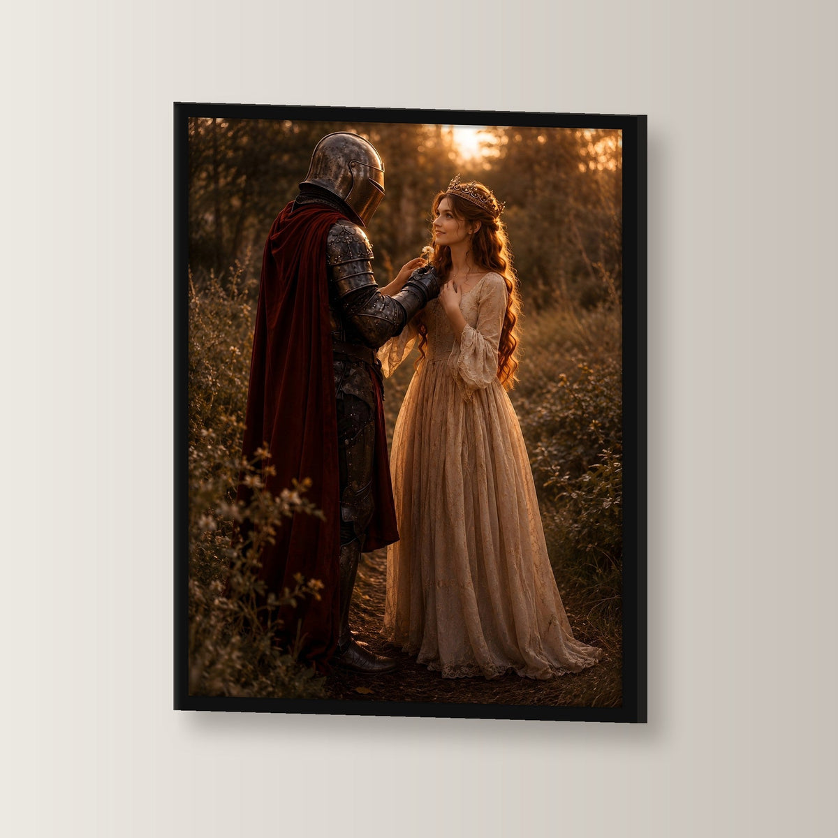 Dark-Fantasy Poster gerahmt im schwarzen Holzrahmen, leicht gedreht an der Wand fotografiert